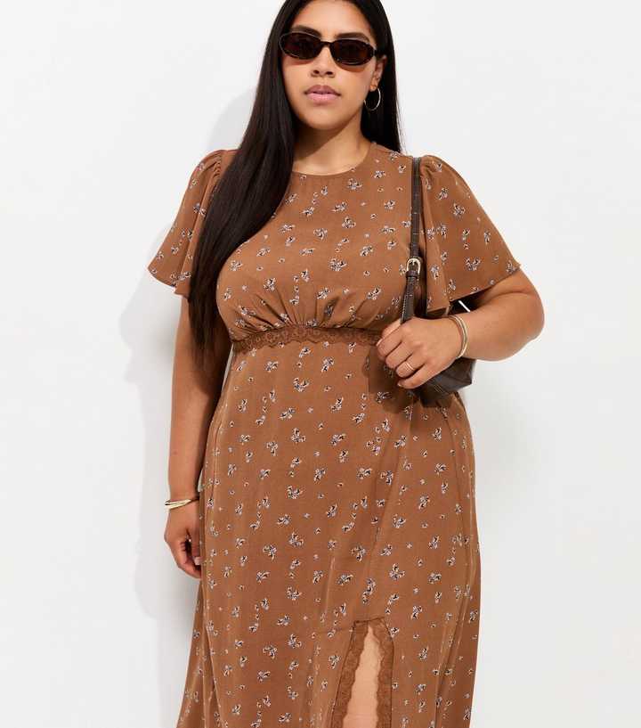 Curves Brown Floral Lace Midi Dress