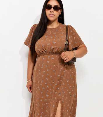 Curves Brown Floral Lace Midi Dress