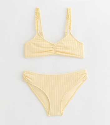 Girls Light Yellow Ruffle Strap Triangle Bikini Top and Bottoms Set
