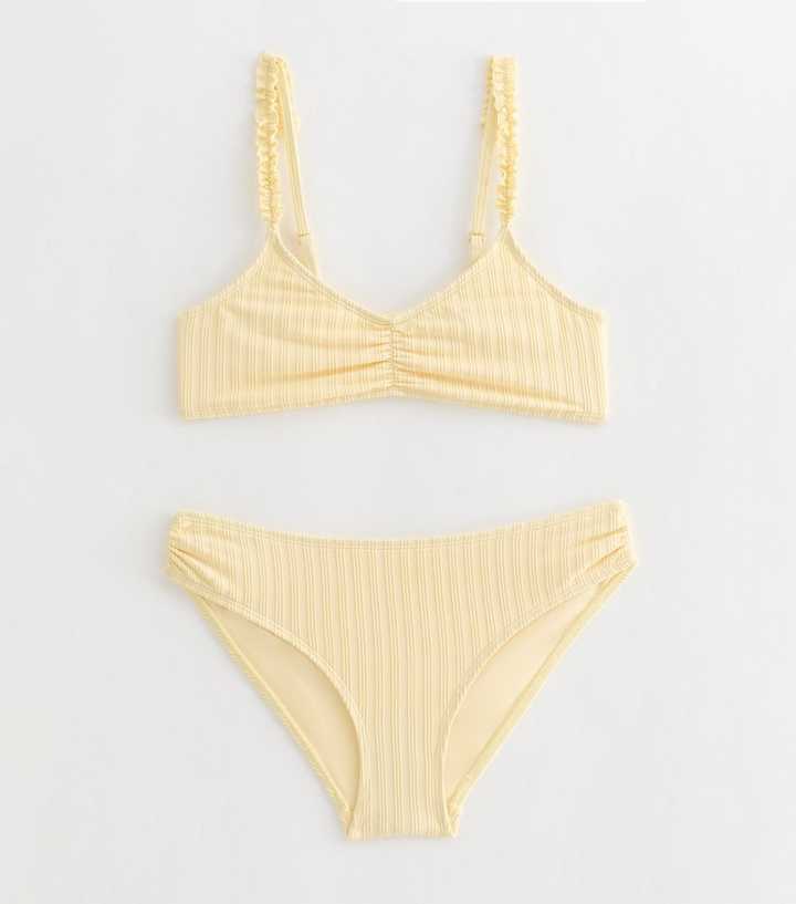 Girls Light Yellow Ruffle Strap Triangle Bikini Top and Bottoms Set
