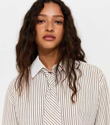 White and Brown Relaxed Striped Shirt with Tie