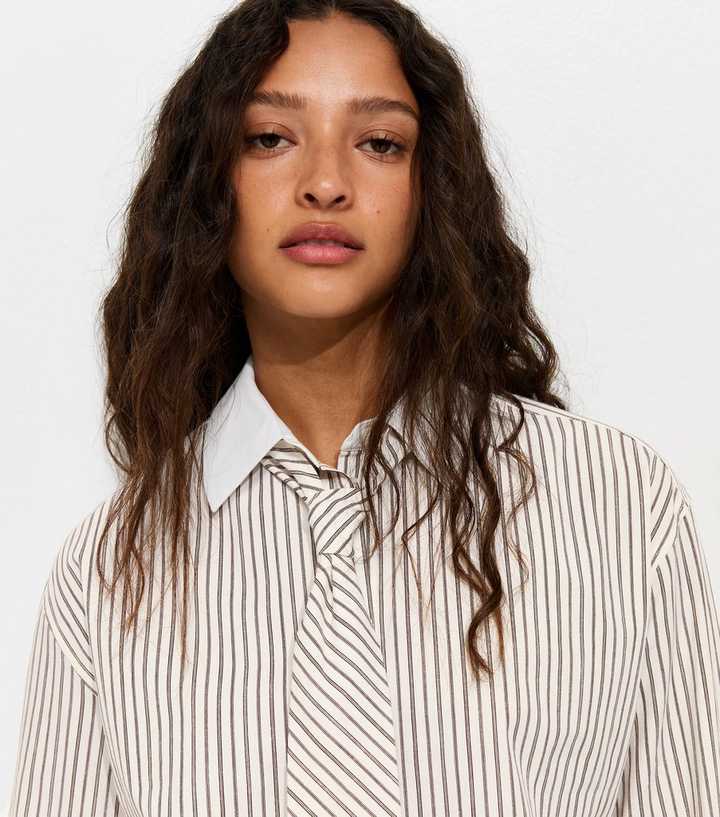 White and Brown Relaxed Striped Shirt with Tie