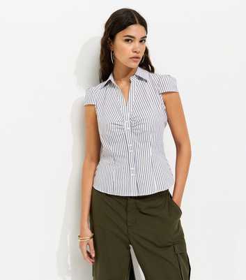 Blue Cotton Striped Double Button Fitted Shirt