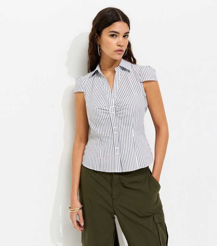 Blue Cotton Striped Double Button Fitted Shirt