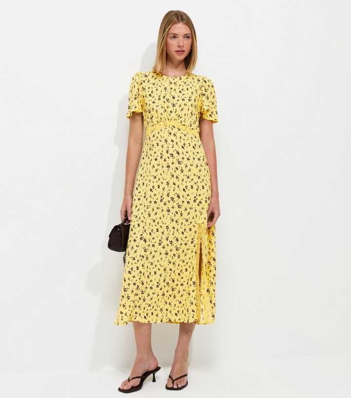 Yellow Ditsy Print Lace Trim Midi Dress