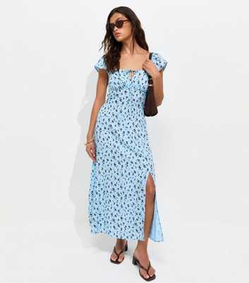 Blue Ditsy Print Lace Trim Square Neck Midi Dress