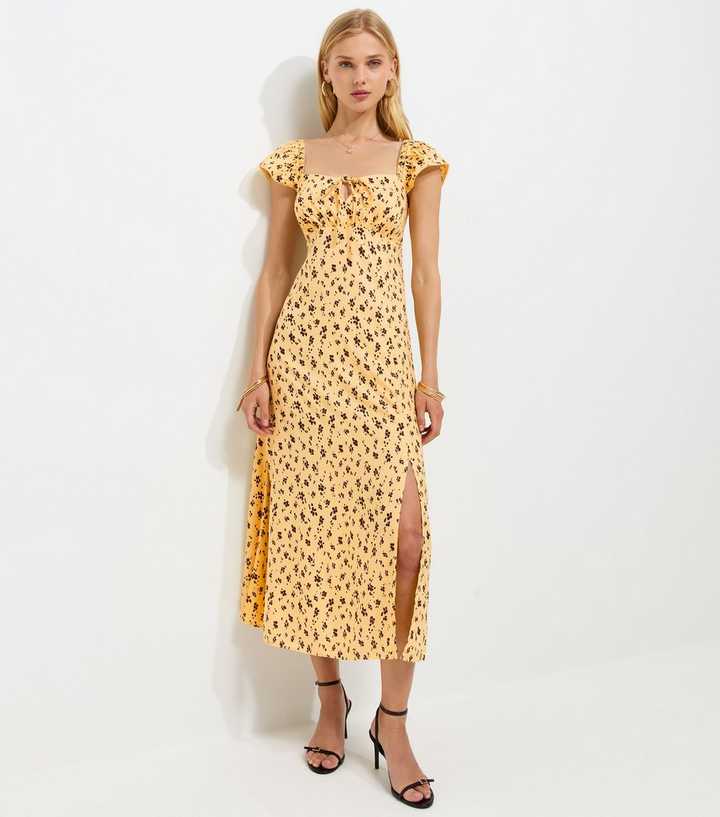 Yellow Ditsy Print Lace Trim Square Neck Midi Dress