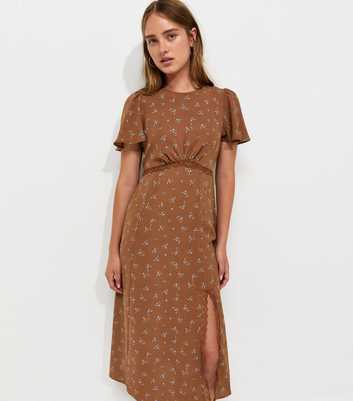 Brown Floral Print Lace Trim Flared Sleeve Midi Dress