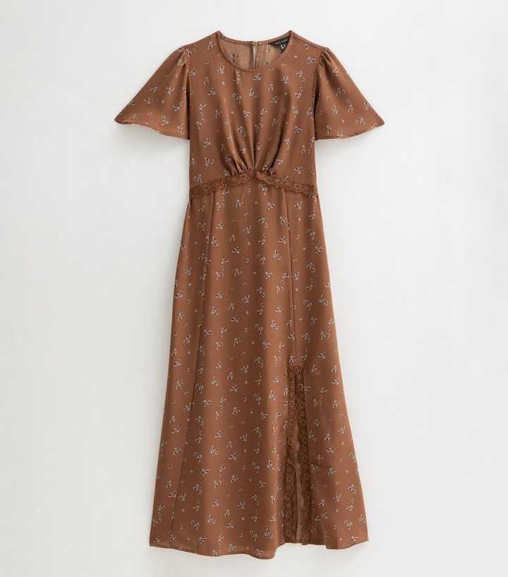 Brown Floral Print Lace Trim Flared Sleeve Midi Dress