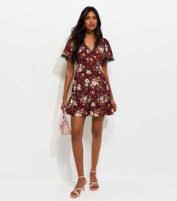Red Floral Lace Trim Mini Tea Dress