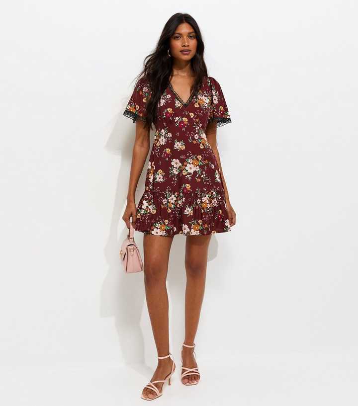 Red Floral Lace Trim Mini Tea Dress