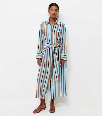 Blue Crinkle Texture Striped Long Sleeve Midi Shirt Dress