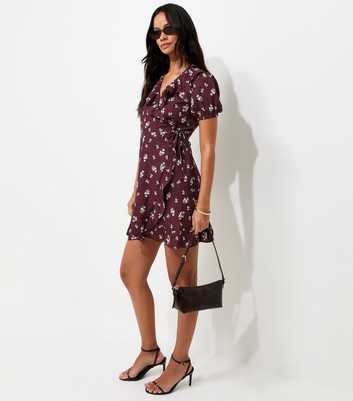 Brown Floral Short Sleeve Wrap Mini Dress