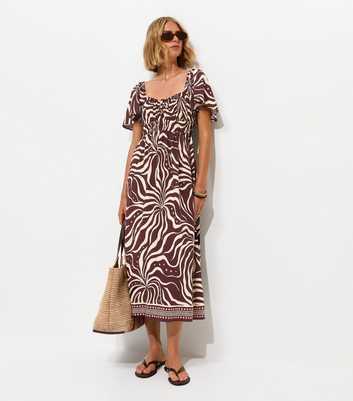 Brown Swirl Print Flutter Sleeve Midi Dress