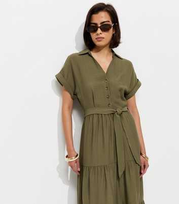 Dark Khaki Tiered Midi Shirt Dress