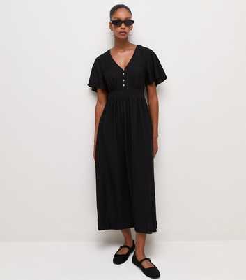 Black Crinkle Texture Frill Sleeve V Neck Midi Dress