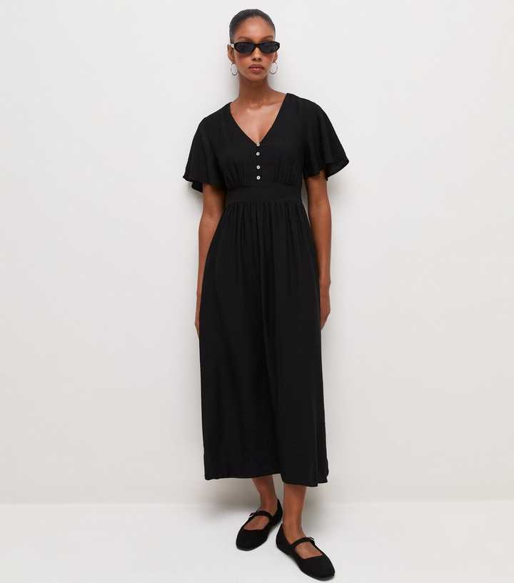 Black Crinkle Texture Frill Sleeve V Neck Midi Dress