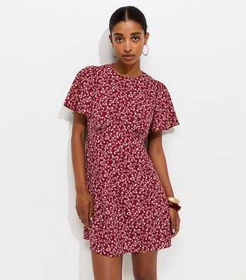 Pink Floral Print Crepe Flutter Sleeve Mini Dress