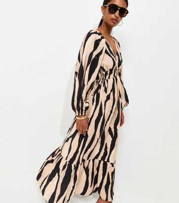 Brown Abstract Print V-Neck Smock Midi Dress