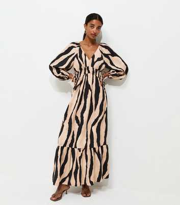 Brown Abstract Print V-Neck Smock Midi Dress