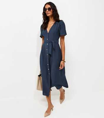 Navy Button Front Flutter Sleeve Midi Dress