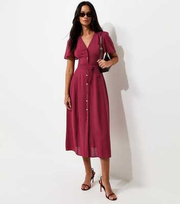 Dark Burgundy Button Front Flutter Sleeve Midi Dress