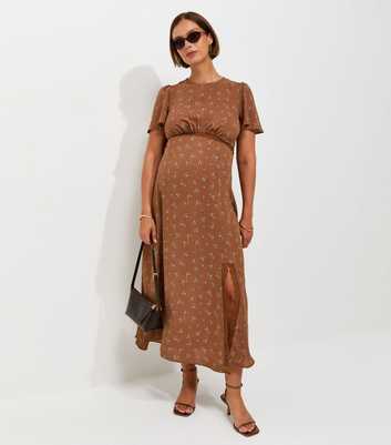 Maternity Brown Floral Print Lace Trim Midi Dress