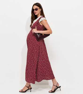 Maternity Red Spot Print Lace Trim Midi Dress