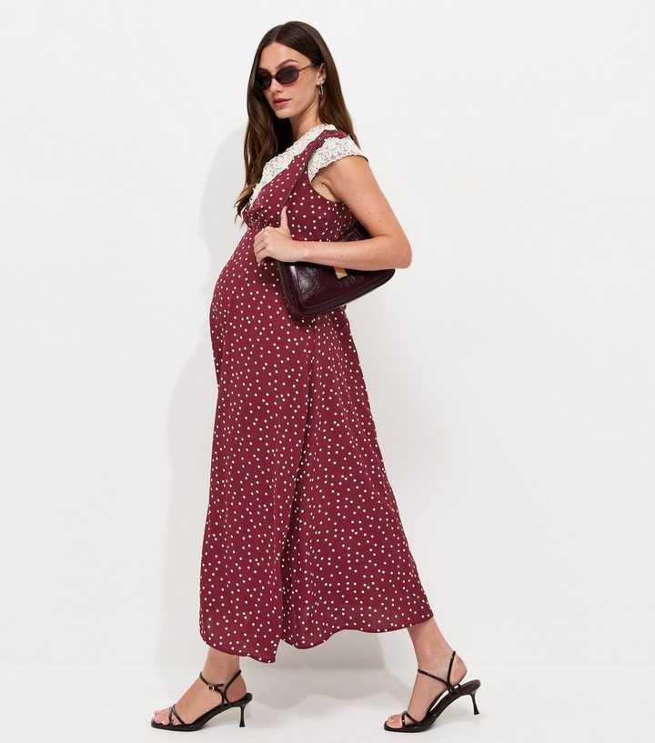 Maternity Red Spot Print Lace Trim Midi Dress