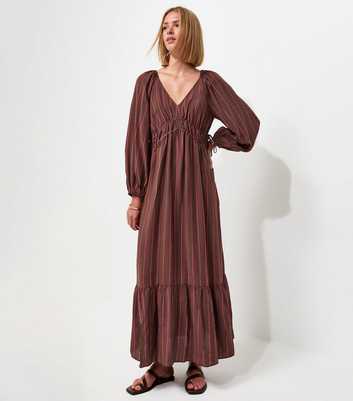 Brown Striped Long Sleeve Smock Midi Dress