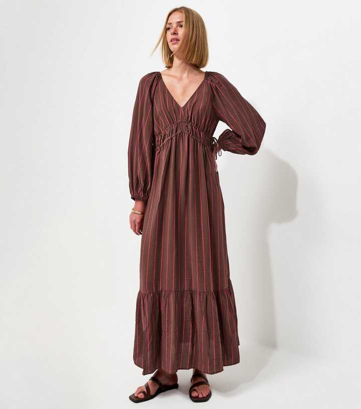 Brown Striped Long Sleeve Smock Maxi Dress