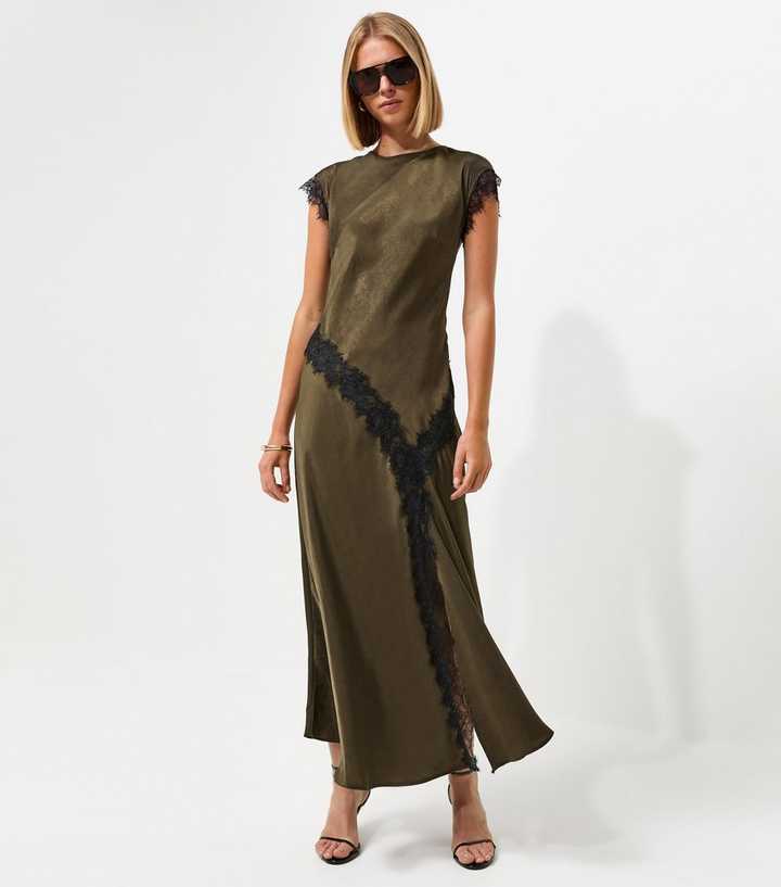 Dark Khaki Lace Trim Bias Cut Midi Dress