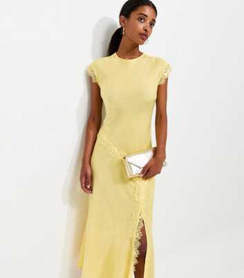 Light Yellow Lace Trim Bias Cut Midi Dress