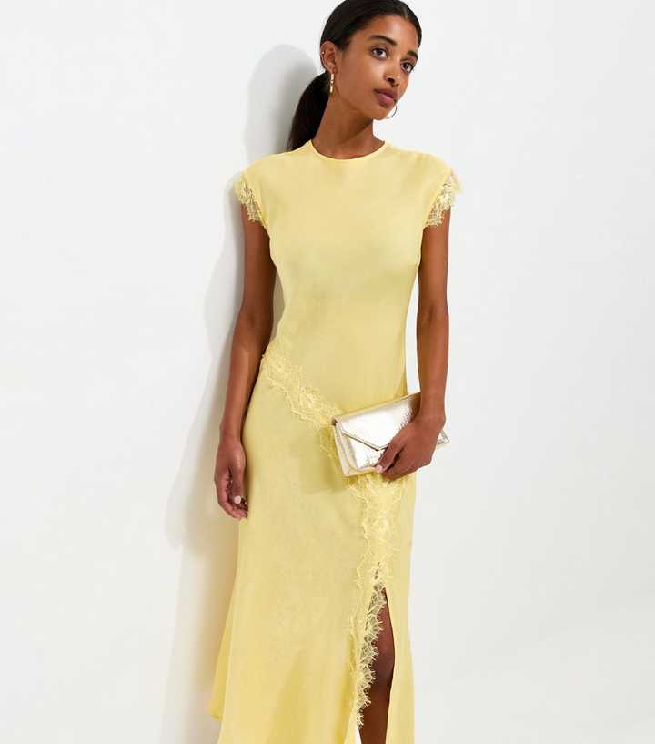 Light Yellow Lace Trim Bias Cut Midi Dress