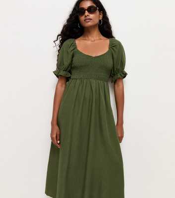 Petite Dark Khaki Shirred Bodice Puff Sleeve Midi Dress