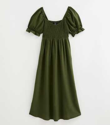 Petite Dark Khaki Shirred Bodice Puff Sleeve Midi Dress
