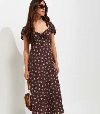 Petite Brown Ditsy Print Milkmaid Midi Dress