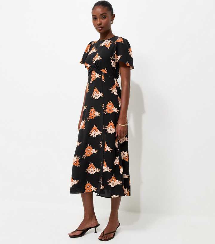 Black Floral Print Lace Trim Midi Dress