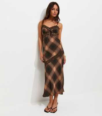 Brown Check Print Lace Trim Strappy Midi Dress