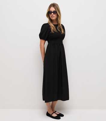 Black Shirred Bust Crew Neck Short Sleeve Midi Dress