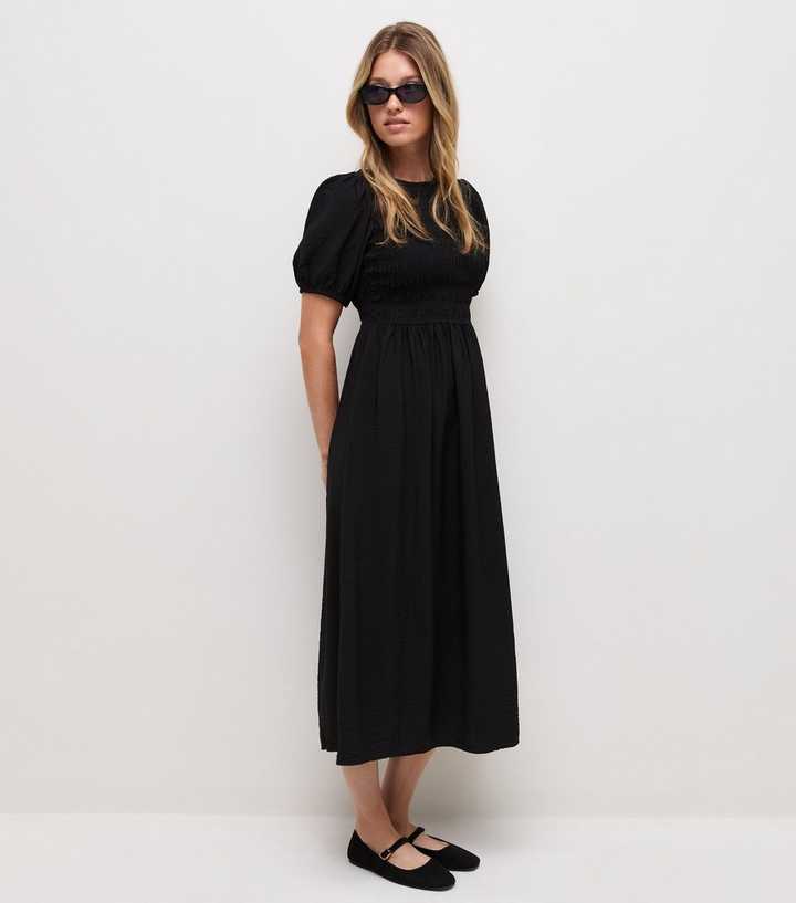 Black Shirred Bust Crew Neck Short Sleeve Midi Dress