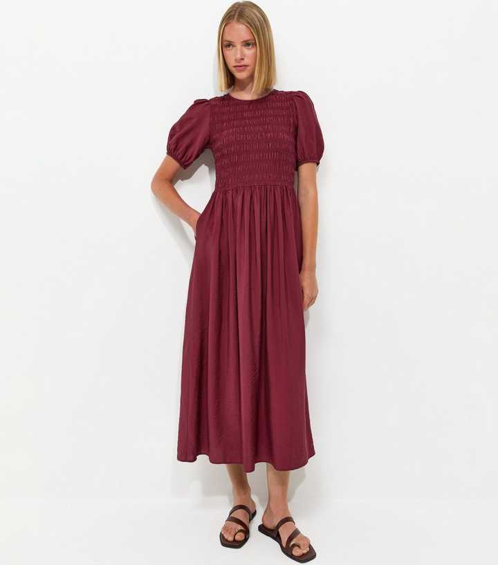 Dark Burgundy Shirred Short Sleeve Midi Dress
