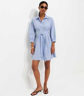 Blue Cotton Striped Puff Sleeve Mini Shirt Dress