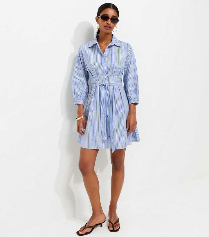 Blue Cotton Striped Puff Sleeve Mini Shirt Dress