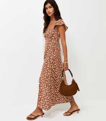 Brown Floral Square Neck Midi Dress