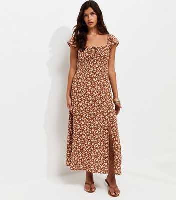 Brown Floral Square Neck Midi Dress
