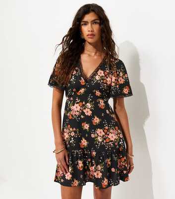 Black Floral Lace Trim Mini Tea Dress