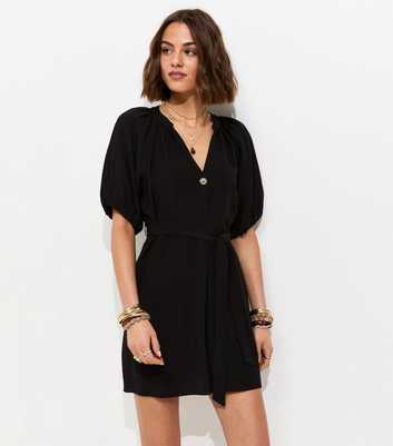 Black V-Neck Puff Sleeve Belted Mini Dress
