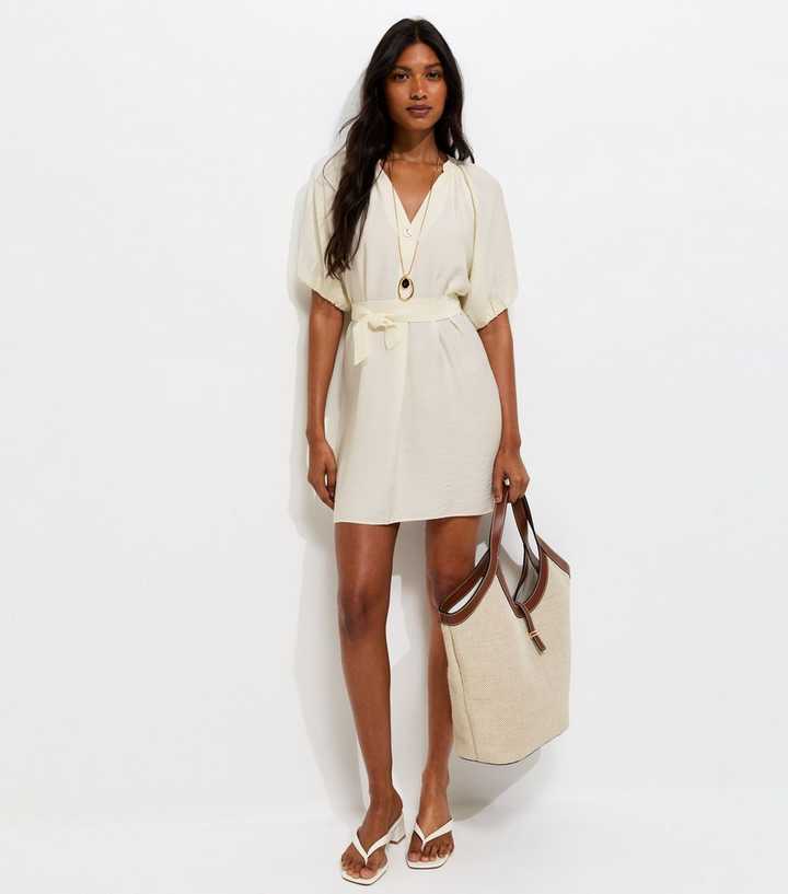 new look beige dress Cream V-Neck Puff Sleeve Belted Mini Dress