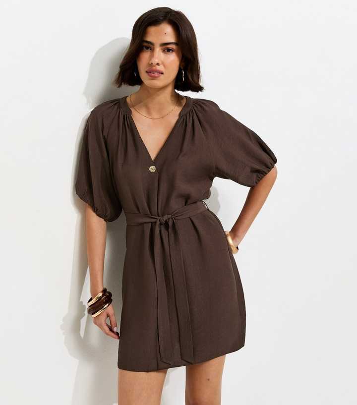 Dark Brown V-Neck Puff Sleeve Belted Mini Dress